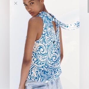 Zara Blue Paisley Back Tied Top Size S